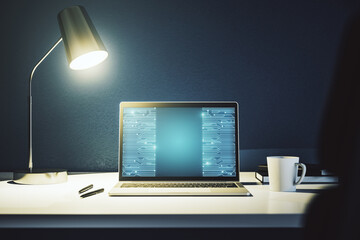 Creative abstract micro chip hologram on modern computer monitor, artificial intelligence and machine learning concept. 3D Rendering