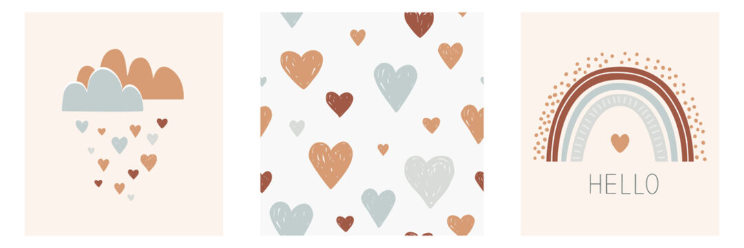 Kids Scandinavian poster set. Seamless pattern with hearts, cute clouds, and cartoon rainbow with Hello phrase. card in a nordic style. Hand drawn vector illustration, design element for interior