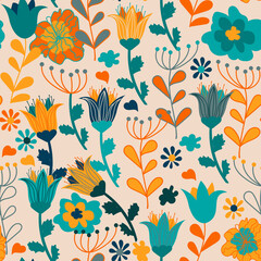 Floral design, vector. Summer nature background with cute colorful flowers. Use for fabric, wallpaper and more