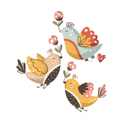 Cartoon scandinavian bird illustration. Animal vector folk art card. Ethnic ornate design decorative floral cute print.