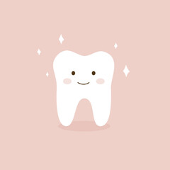 Cute tooth with smile. Healthy tooth concept kawaii  vector illustration. Isolated on pink background.