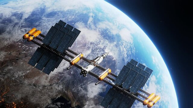 Space shuttle and space station orbiting realistic earth monitoring planet. International Space Station revolving over ocean and mainland, exploration mission. Images from NASA