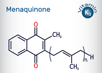 Vitamin K2, menaquinone molecule. Menatetrenone, MK-4, MK-5, menachinon-7, MK-7, MK-9. Skeletal chemical formula