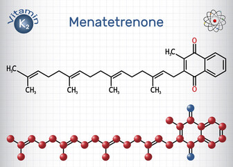 Menatetrenone, menachinon-4, MK-4 molecule. It is vitamin K2, menaquinone. Structural chemical formula and molecule model. Sheet of paper in a cage