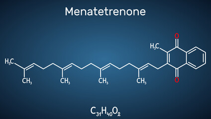 Menatetrenone, menachinon-4, MK-4 molecule. It is vitamin K2, menaquinone. Structural chemical formula on the dark blue background