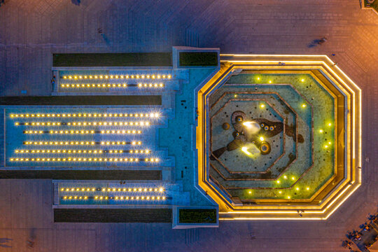 Sunset aerial view a fountain in front of the National Palace of Culture in Sofia, Bulgaria