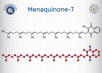 Menachinon-7, MK-7 molecule. It is vitamin K2, menaquinone. Structural chemical formula and molecule model. Sheet of paper in a cage. Vector illustration