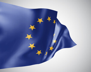 European Union, vector flag with waves and bends waving in the wind on a white background.