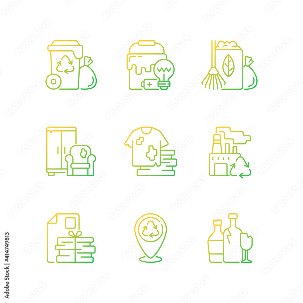 Poster waste disposal gradient linear vector icons set. garbage pickup from home. waste with hazardous prop