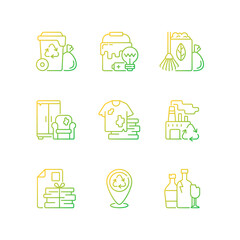 Waste disposal gradient linear vector icons set. Garbage pickup from home. Waste with hazardous properties. Thin line contour symbols bundle. Isolated vector outline illustrations collection