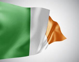 Ireland, vector flag with waves and bends waving in the wind on a white background.