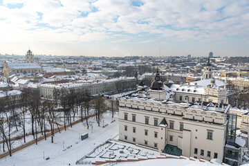 Aerial view of Vilnius old town, capital of Lithuania in winter day with roof covered by the snow