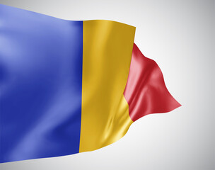 Romania, vector flag with waves and bends waving in the wind on a white background.