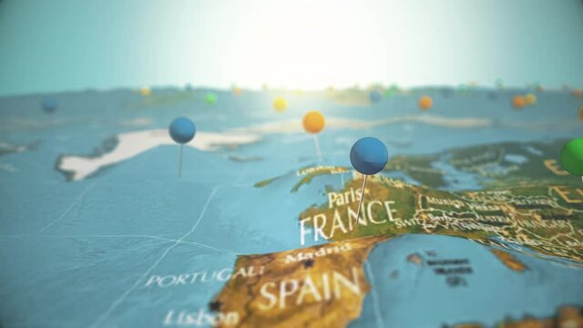 Travel destinations across a map marked with push pins. Tourism journey concept