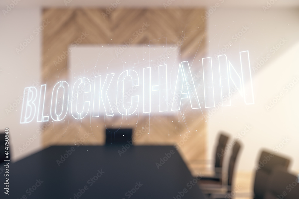 Aufkleber abstract virtual blockchain technology hologram on a modern coworking room background, cryptography 