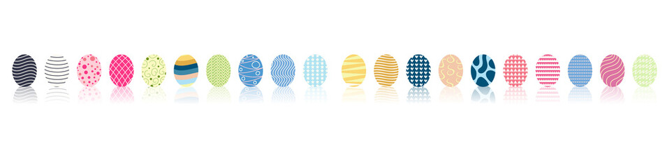 Easter eggs with reflection set in a variety of colors and patterns  ,isolated on white background ,Vector Illustration EPS 10