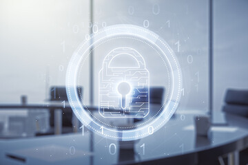 Obraz premium Virtual creative lock sketch with chip hologram on a modern boardroom background, protection of personal data concept. Multiexposure
