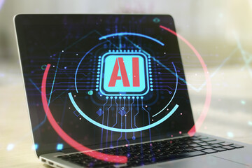 Double exposure of creative artificial Intelligence abbreviation with computer on background. Future technology and AI concept