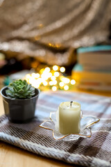 Burnt candle symbolizing the end of a cozy romantic atmosphere created by blurred plaid blanket,  potted succulent flower and books