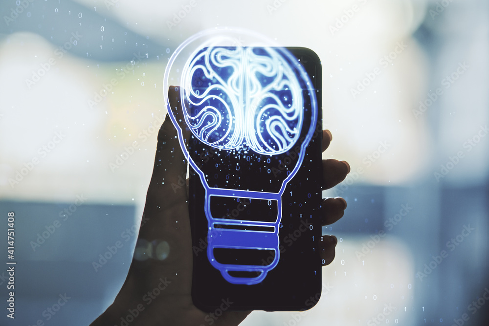 Poster creative idea concept with light bulb and human brain illustration and hand with phone on background