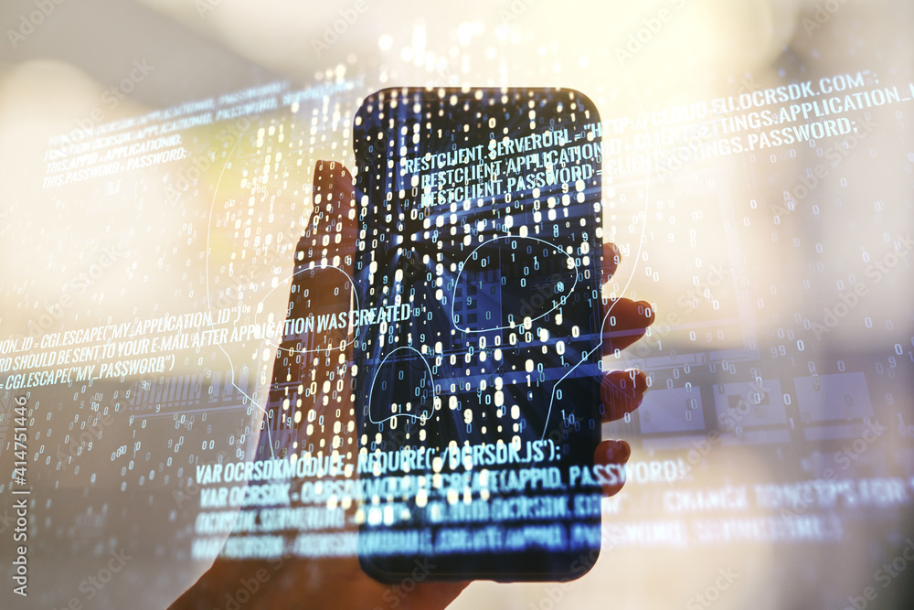 Poster creative code skull hologram and hand with mobile phone on background, cybercrime and hacking concep