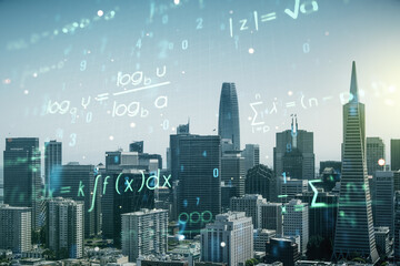 Scientific formula illustration on San Francisco cityscape background, science and research concept. Multiexposure