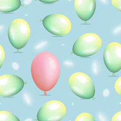 Seamless pink and green pastel balloons flying on blue background,Vector pattern random lealistic 3d spheres balloons, Concept for celebration or birthday party background