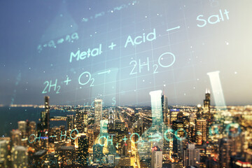 Creative chemistry hologram on Chicago office buildings background, pharmaceutical research concept. Multiexposure