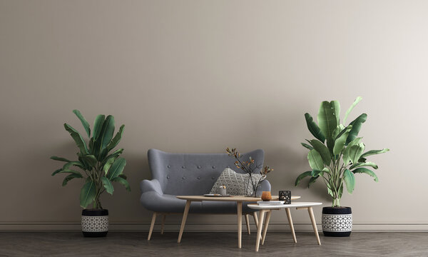 
Beige wall living room interior with tea table, decor. 3d render illustration mock up