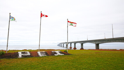 Marine Rail Historic Park. Prince Edward Island, Canada.  Confederation Bridge in the background