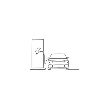 Continuous line drawing of electric charging station with electric car vector illustration