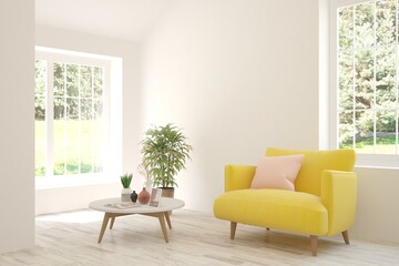 White living room with armchair and green landscape in window. Scandinavian interior design. 3D illustration
