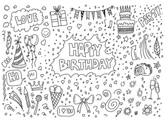 Happy birthday vector hand drawn doodles