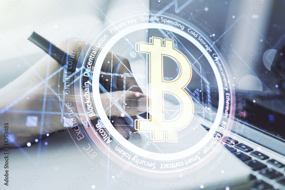 Aufkleber double exposure of creative bitcoin symbol hologram with hand writing in notepad on background with 