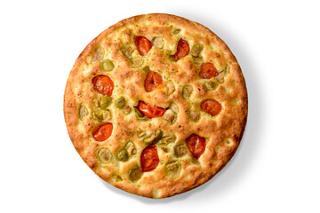 Apulian focaccia, typical bari pizza made with a dough of potatoes and durum wheat flour with cherry tomatoes and vegetable on top. top view flat lay, isolated on white