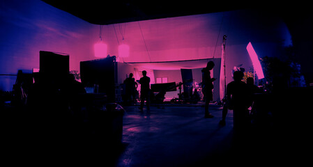 Behind the scenes of shooting video production and lighting set for filming movie which film crew...