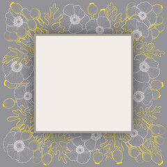 Square floral frame with outline flowers and leaves