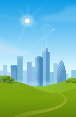 Vector style illustration. Sunny day city landscape with skyscrapers background.