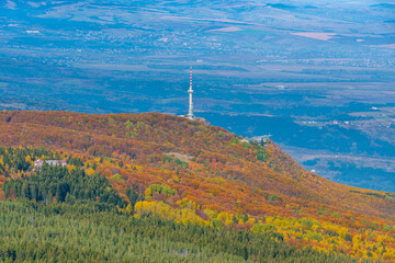 Aerial view of Kopitoto telecommunication tower at Vitosha mountain in Bulgaria