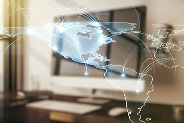 Double exposure of abstract digital world map with connections on computer background, big data and blockchain concept