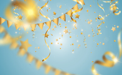 Golden confetti falls on a beautiful background. Falling streamers on stage.