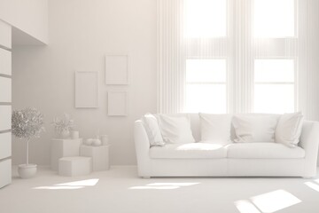 White minimalist living room with sofa. Scandinavian interior design. 3D illustration