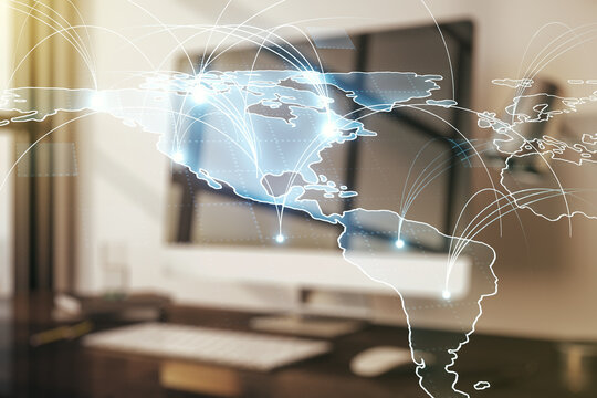 Double exposure of abstract digital world map with connections on computer background, big data and blockchain concept