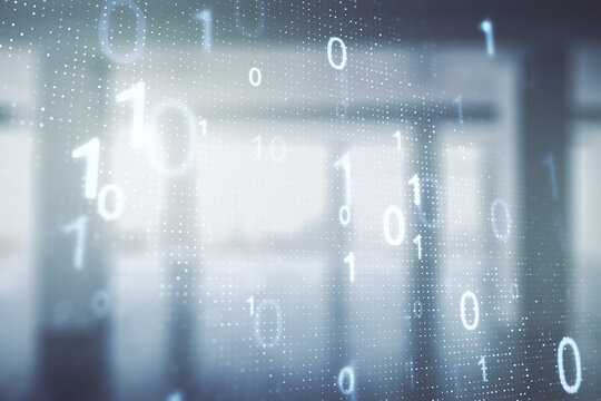 Abstract virtual binary code hologram on abstract empty interior background, AI and machine learning concept. Multiexposure - Powered by Adobe