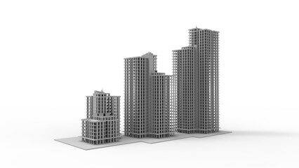 3D rendering of a 3 high rising buildings isolated on white background