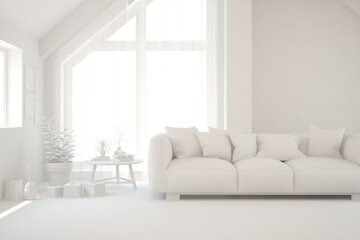 White minimalist living room with sofa. Scandinavian interior design. 3D illustration