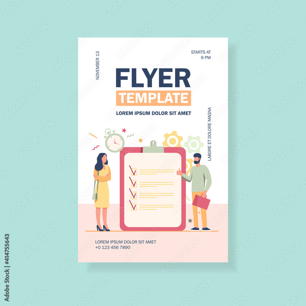 Poster managers with task list. employees standing at checklist and timer, making thumb up flat vector illu