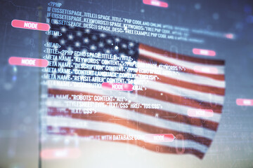 Abstract virtual coding concept on USA flag and sunset sky background. Multiexposure