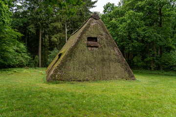 Characteristic stable for German moorland sheep with a straw roof  in the natural preserve Lueneburger Heide