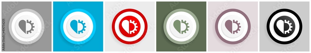 Aufkleber Heart and cogwheel icon set, colorful flat design vector illustrations in 6 options for web design and mobile applications